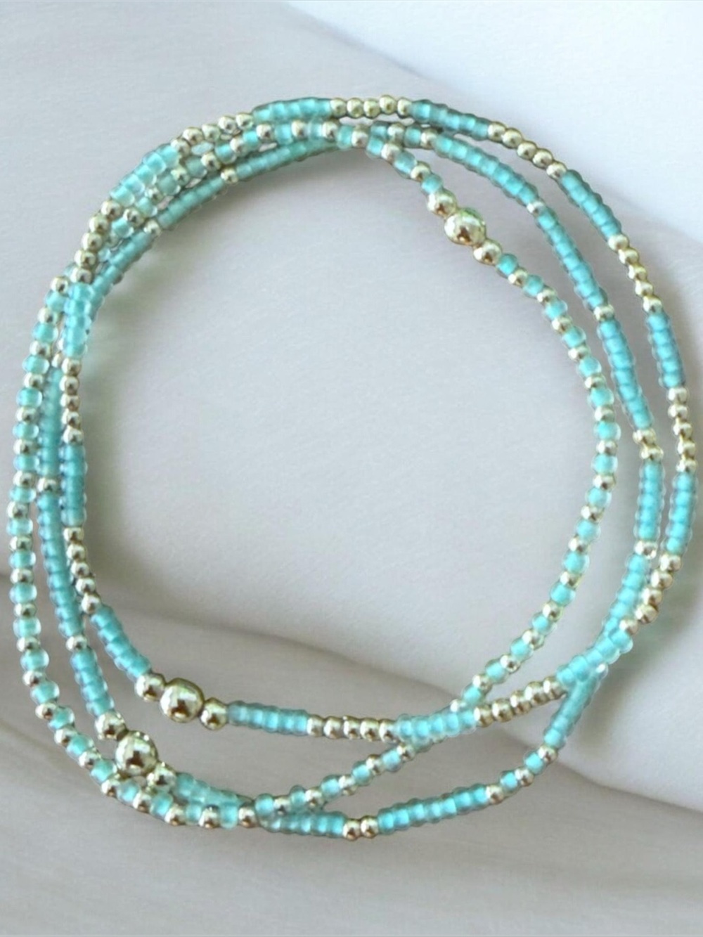 14K Gold Filled & Mint Green Seed Bead Stretch Bracelet Set (Set of 3) Handmade
